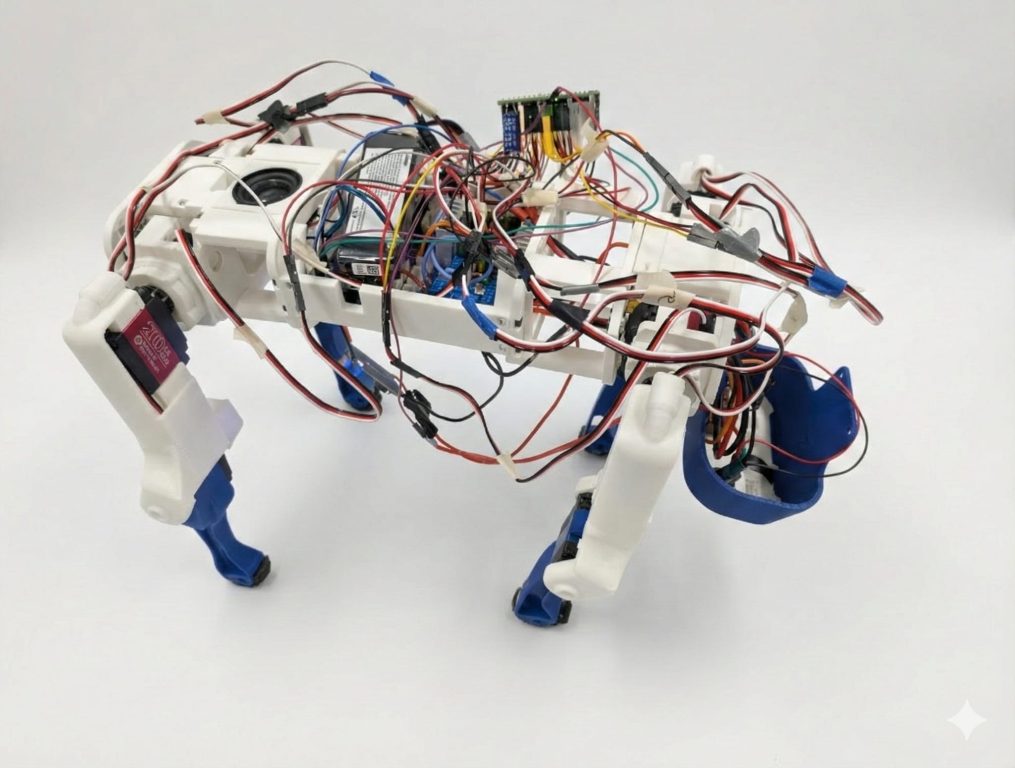 SpotMicro quadruped robot hardware on a workbench